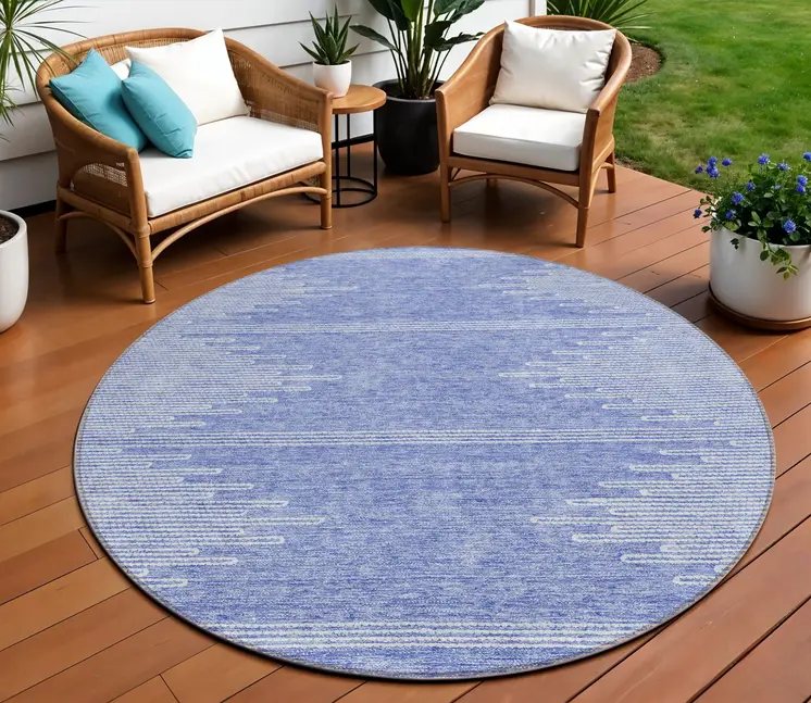 8' Denim Blue And Ivory Round Abstract Washable Indoor Outdoor Area Rug