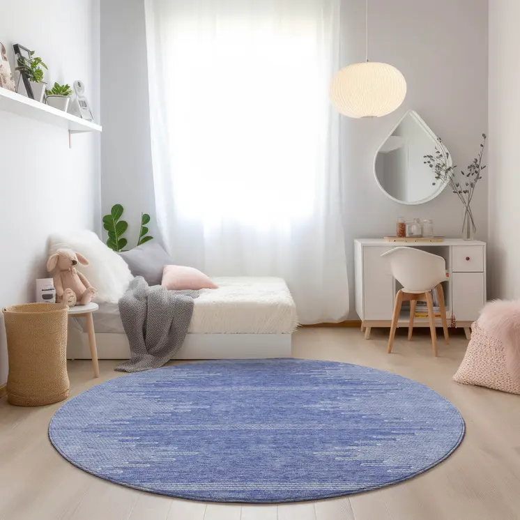 8' Denim Blue And Ivory Round Abstract Washable Indoor Outdoor Area Rug