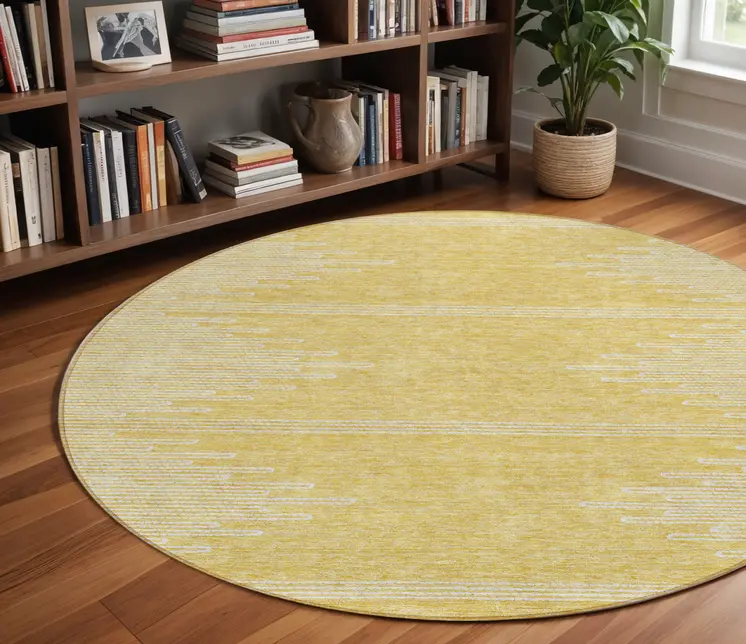 8' Gold And Ivory Round Abstract Washable Indoor Outdoor Area Rug