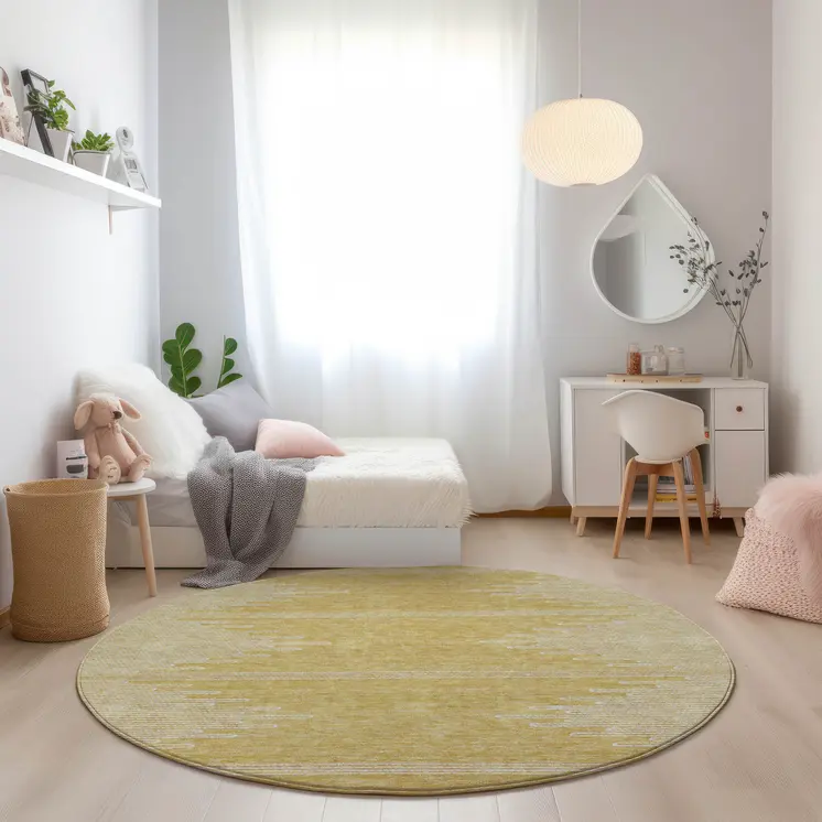 8' Gold And Ivory Round Abstract Washable Indoor Outdoor Area Rug