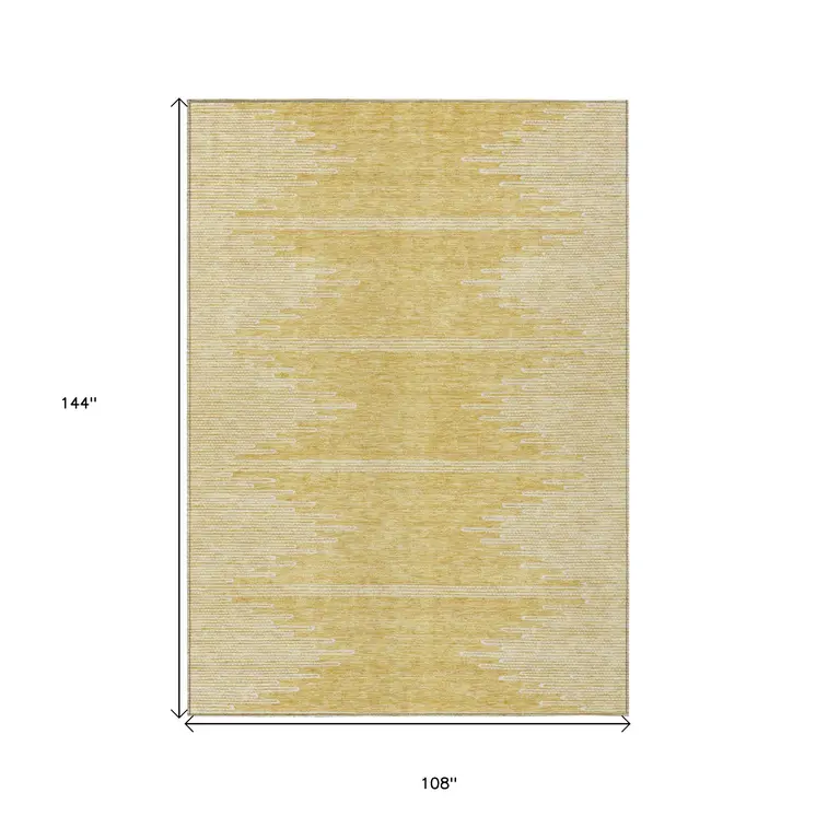 9' X 12' Gold And Ivory Abstract Washable Indoor Outdoor Area Rug