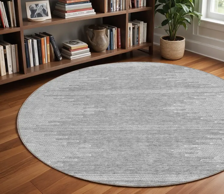 8' Gray And Ivory Round Abstract Washable Indoor Outdoor Area Rug