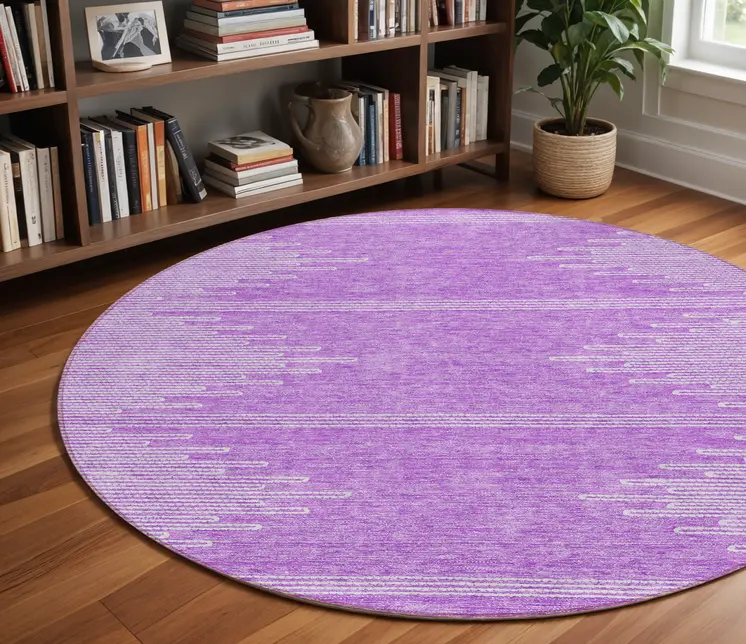 8' Lavender And Ivory Round Abstract Washable Indoor Outdoor Area Rug