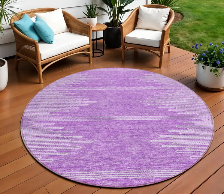 8' Lavender And Ivory Round Abstract Washable Indoor Outdoor Area Rug