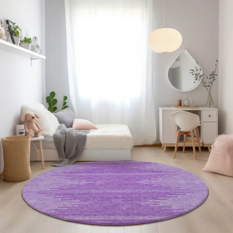 8' Lavender And Ivory Round Abstract Washable Indoor Outdoor Area Rug