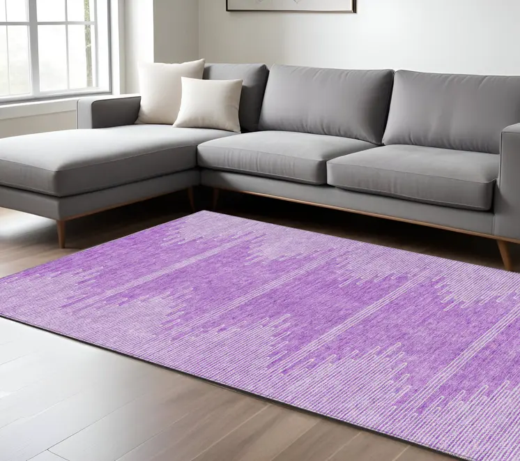 9' X 12' Lavender And Ivory Abstract Washable Indoor Outdoor Area Rug