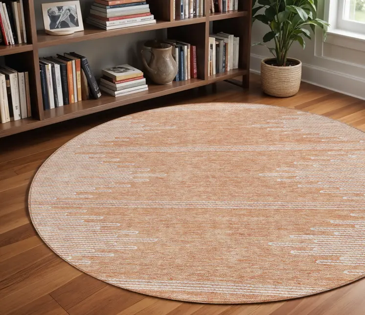 8' Salmon And Ivory Round Abstract Washable Indoor Outdoor Area Rug