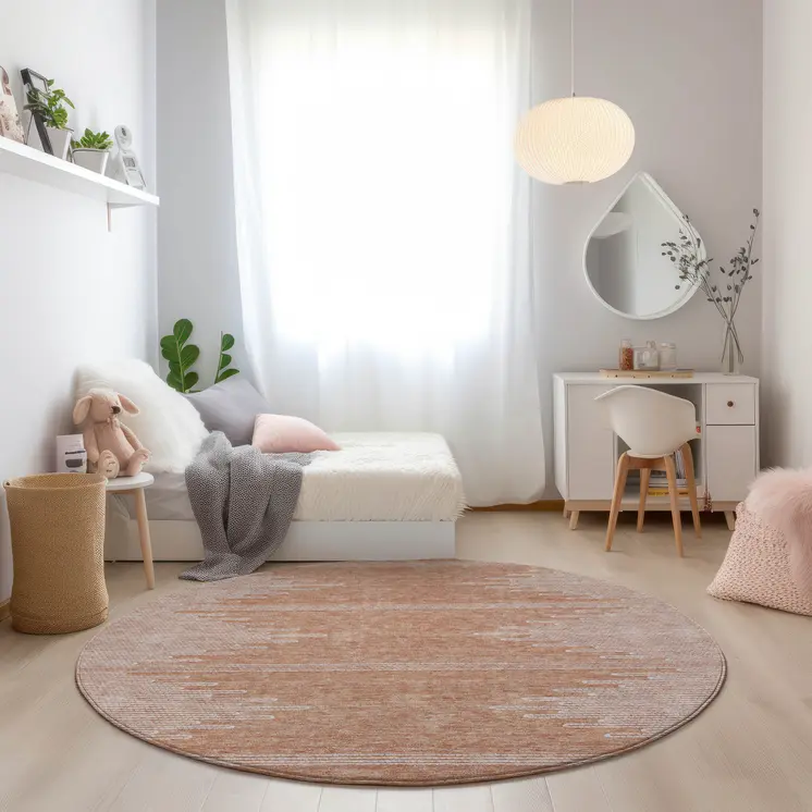 8' Salmon And Ivory Round Abstract Washable Indoor Outdoor Area Rug