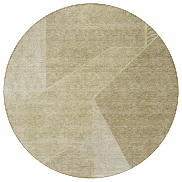 8' Beige Tan And Ivory Round Geometric Washable Indoor Outdoor Area Rug