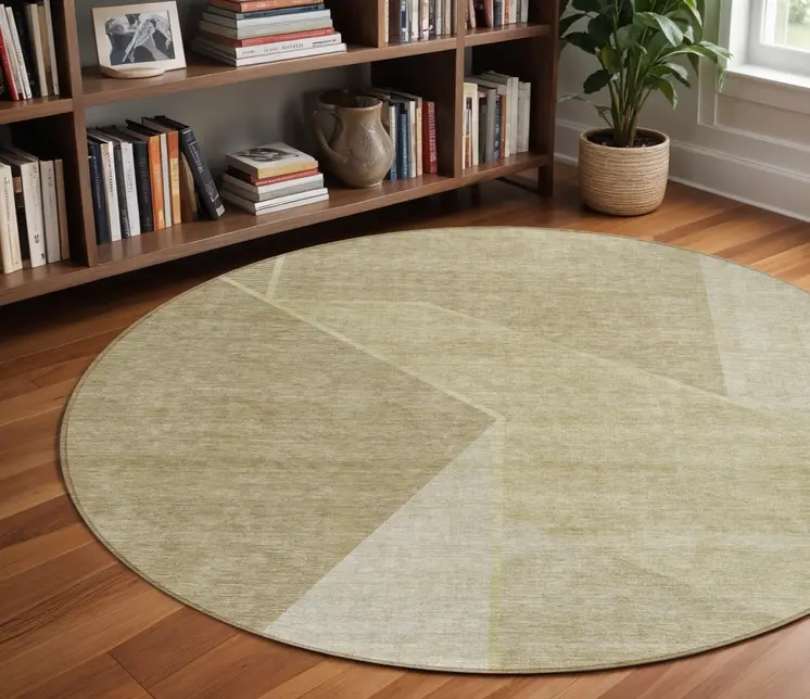 8' Beige Tan And Ivory Round Geometric Washable Indoor Outdoor Area Rug