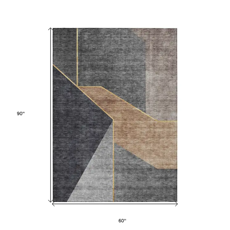 5' X 8' Charcoal Taupe And Gray Geometric Washable Indoor Outdoor Area Rug
