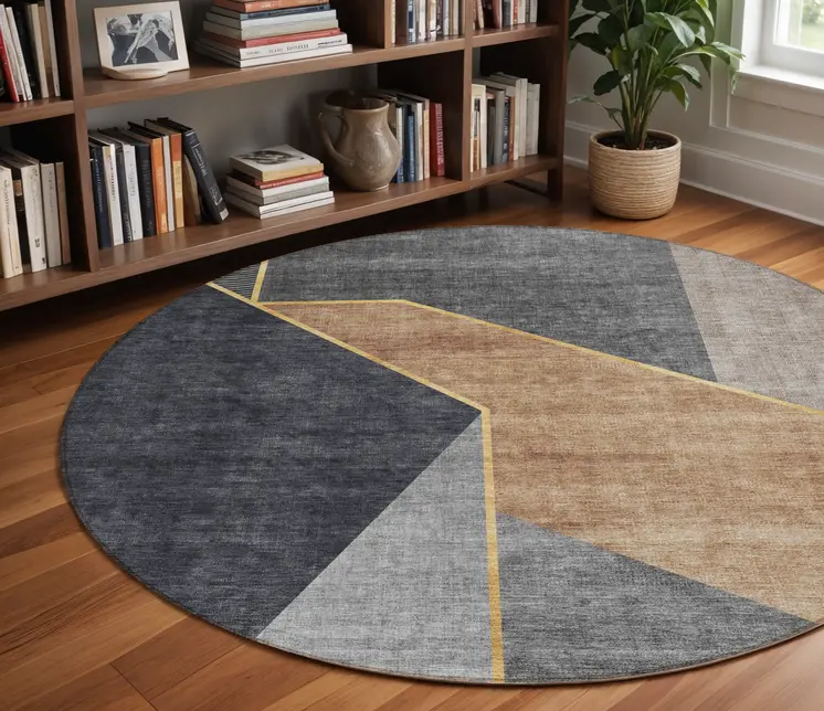 8' Charcoal Taupe And Gray Round Geometric Washable Indoor Outdoor Area Rug