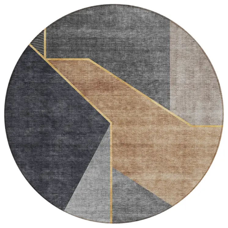 8' Charcoal Taupe And Gray Round Geometric Washable Indoor Outdoor Area Rug