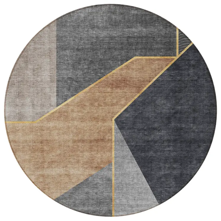 8' Charcoal Taupe And Gray Round Geometric Washable Indoor Outdoor Area Rug