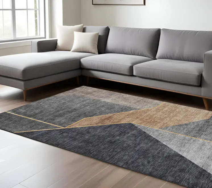 10' X 14' Charcoal Taupe And Gray Geometric Washable Indoor Outdoor Area Rug