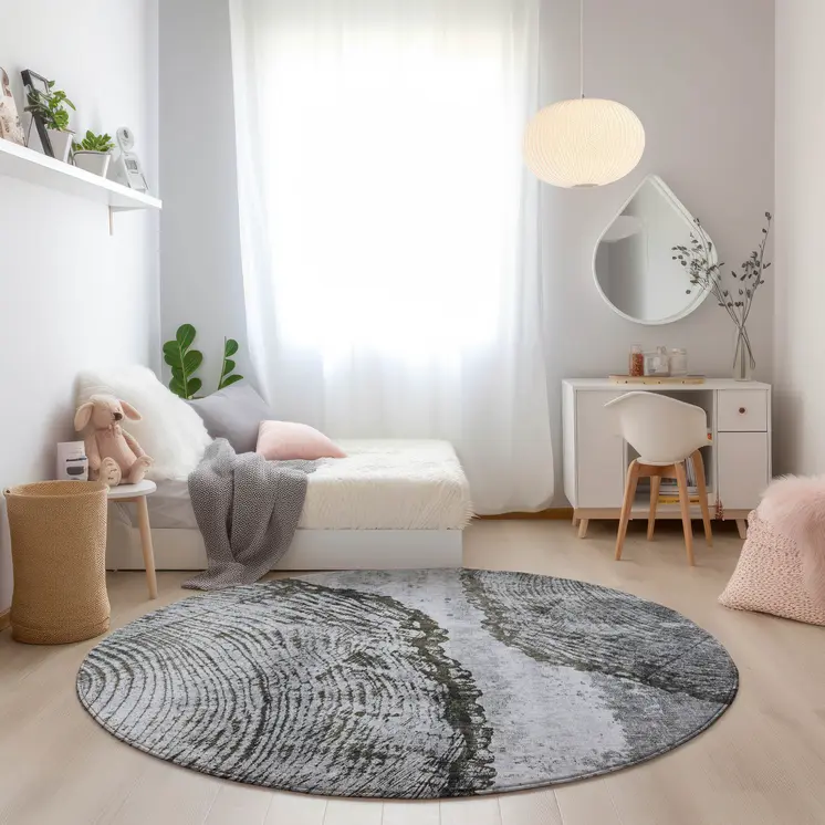 8' Gray Taupe And Silver Round Abstract Washable Indoor Outdoor Area Rug