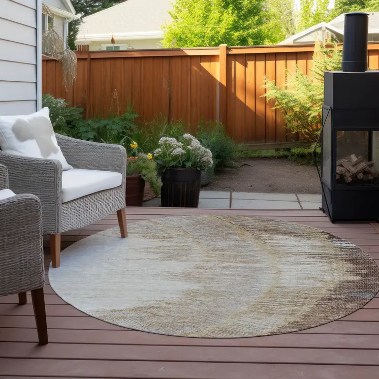 8' Brown Beige And Taupe Round Abstract Washable Indoor Outdoor Area Rug