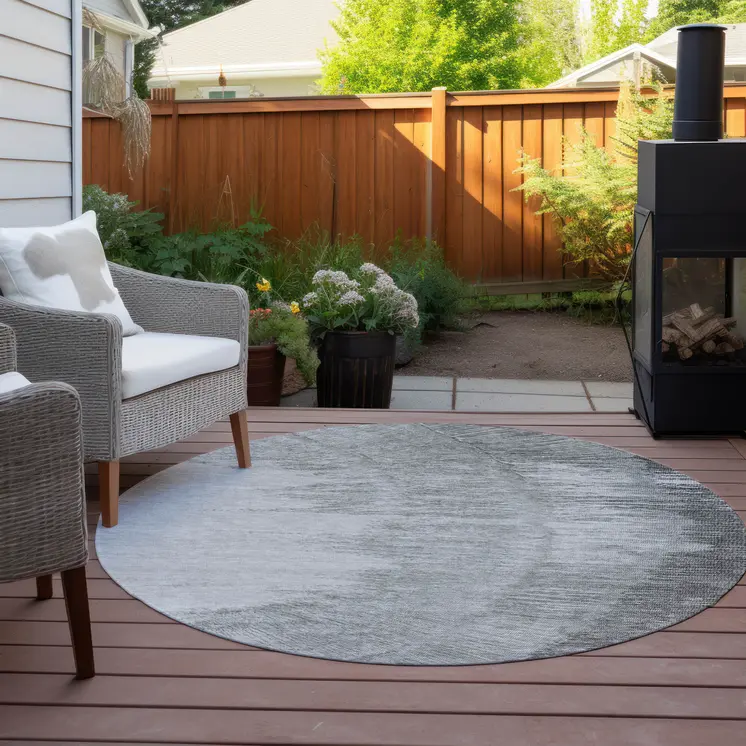 8' Gray Charcoal And Silver Round Abstract Washable Indoor Outdoor Area Rug