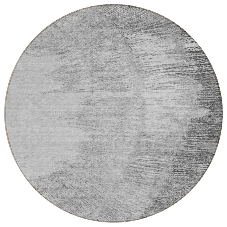 8' Gray Charcoal And Silver Round Abstract Washable Indoor Outdoor Area Rug