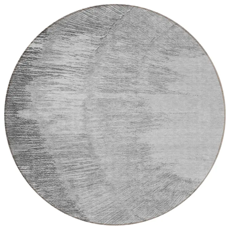 8' Gray Charcoal And Silver Round Abstract Washable Indoor Outdoor Area Rug