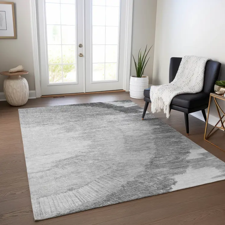 10' X 14' Gray Charcoal And Silver Abstract Washable Indoor Outdoor Area Rug