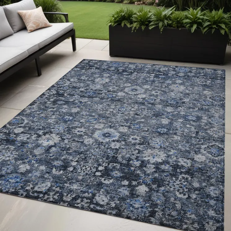 5' X 8' Navy Blue And Sky Blue Oriental Washable Indoor Outdoor Area Rug