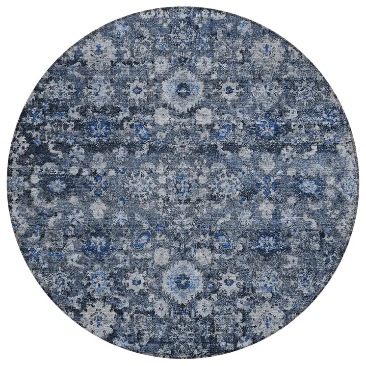 8' Navy Blue And Sky Blue Round Oriental Washable Indoor Outdoor Area Rug