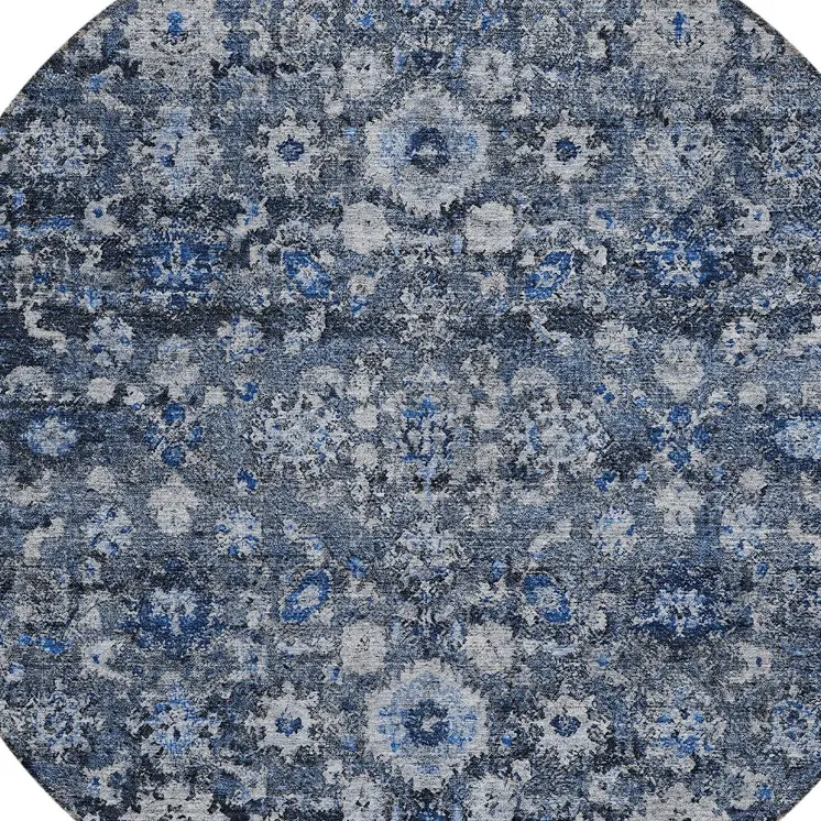 8' Navy Blue And Sky Blue Round Oriental Washable Indoor Outdoor Area Rug