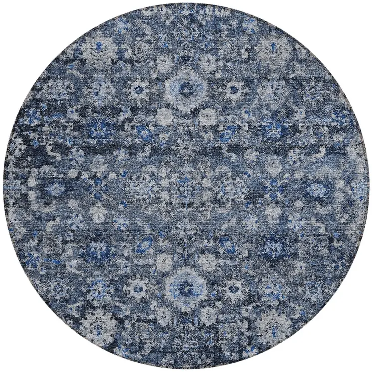8' Navy Blue And Sky Blue Round Oriental Washable Indoor Outdoor Area Rug