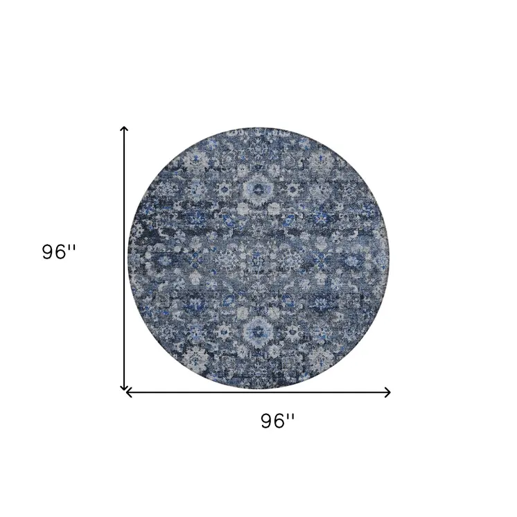 8' Navy Blue And Sky Blue Round Oriental Washable Indoor Outdoor Area Rug