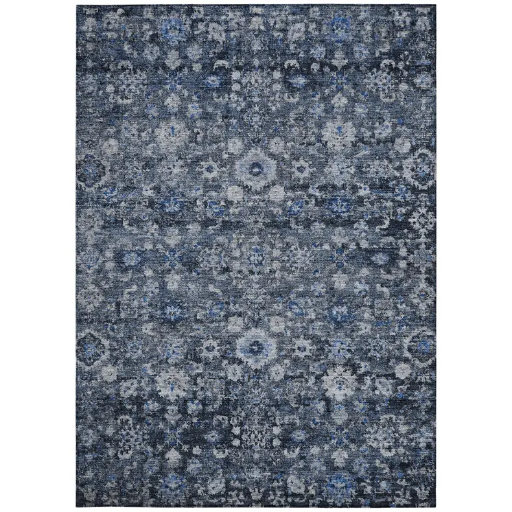 8' X 10' Navy Blue And Sky Blue Oriental Washable Indoor Outdoor Area Rug