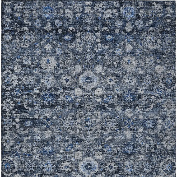 9' X 12' Navy Blue And Sky Blue Oriental Washable Indoor Outdoor Area Rug