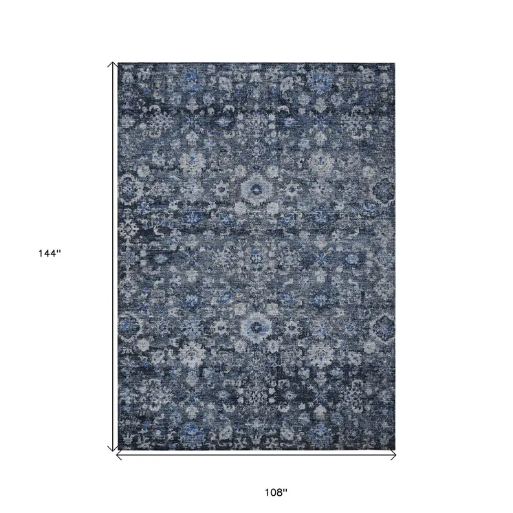 9' X 12' Navy Blue And Sky Blue Oriental Washable Indoor Outdoor Area Rug