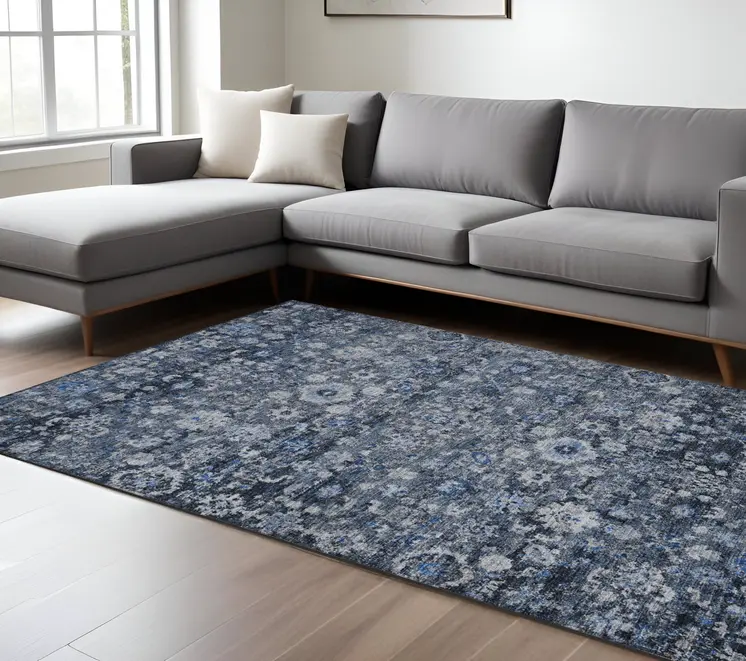 9' X 12' Navy Blue And Sky Blue Oriental Washable Indoor Outdoor Area Rug