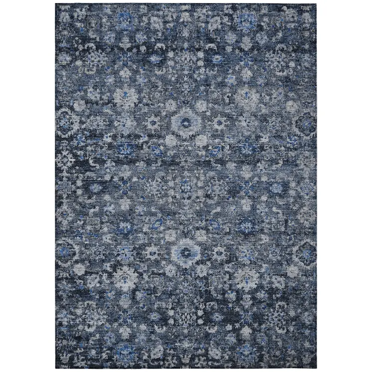 10' X 14' Navy Blue And Sky Blue Oriental Washable Indoor Outdoor Area Rug