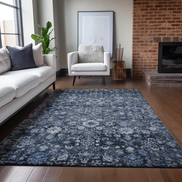 10' X 14' Navy Blue And Sky Blue Oriental Washable Indoor Outdoor Area Rug