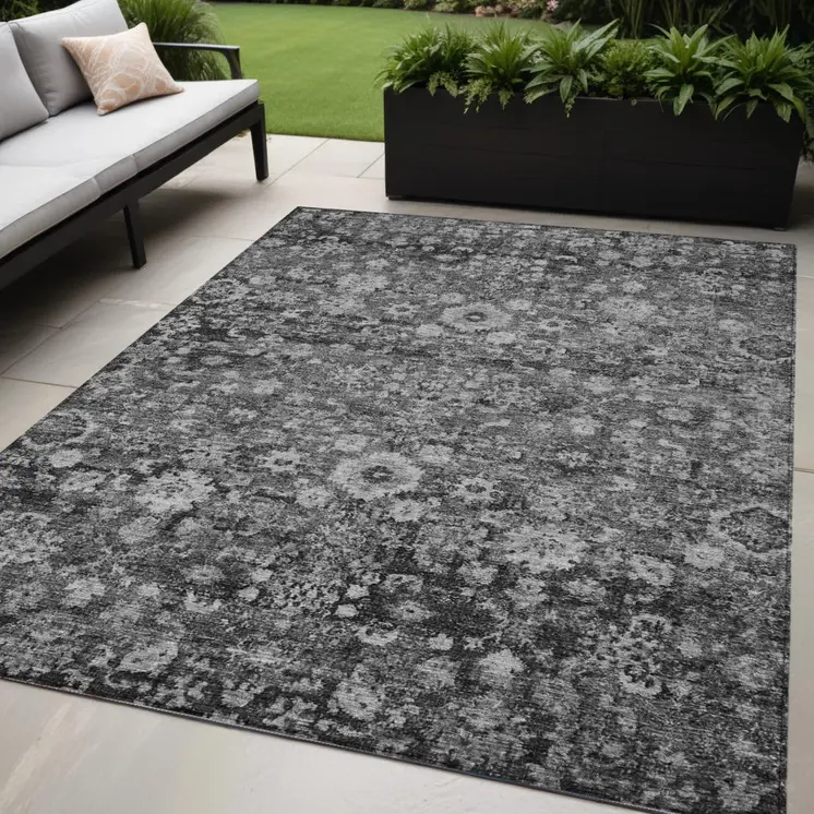 5' X 8' Gray Charcoal And Silver Oriental Washable Indoor Outdoor Area Rug