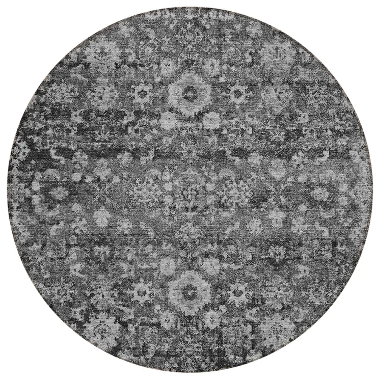 8' Gray Charcoal And Silver Round Oriental Washable Indoor Outdoor Area Rug