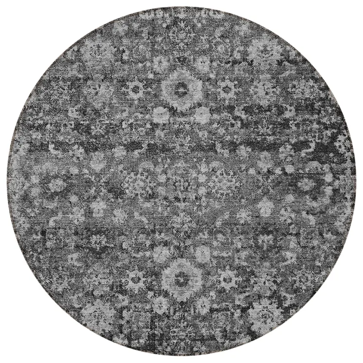 8' Gray Charcoal And Silver Round Oriental Washable Indoor Outdoor Area Rug