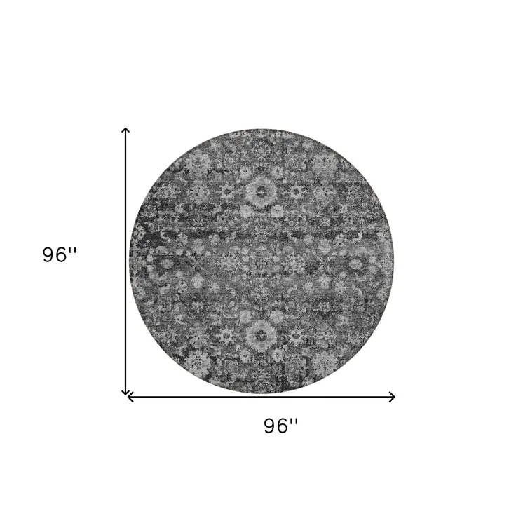 8' Gray Charcoal And Silver Round Oriental Washable Indoor Outdoor Area Rug