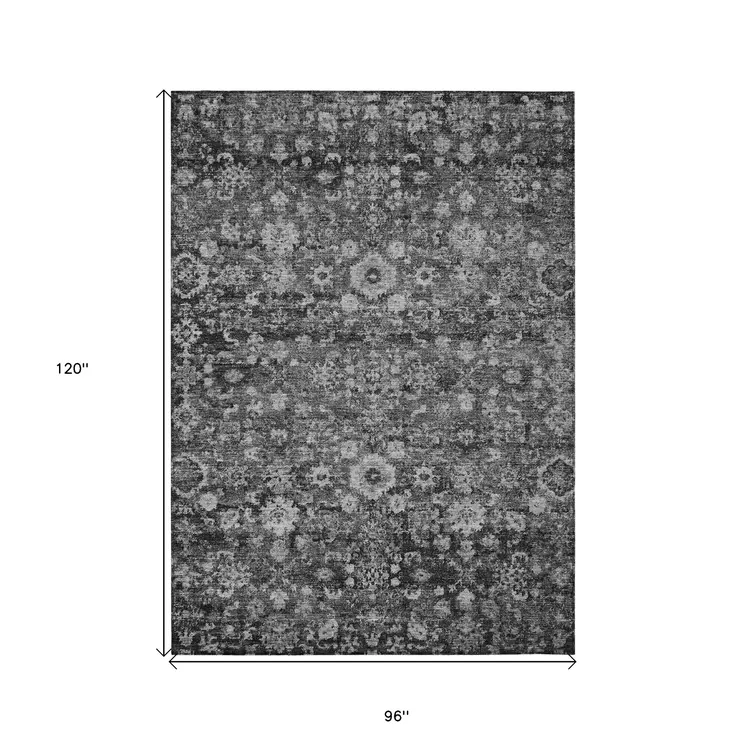 8' X 10' Gray Charcoal And Silver Oriental Washable Indoor Outdoor Area Rug