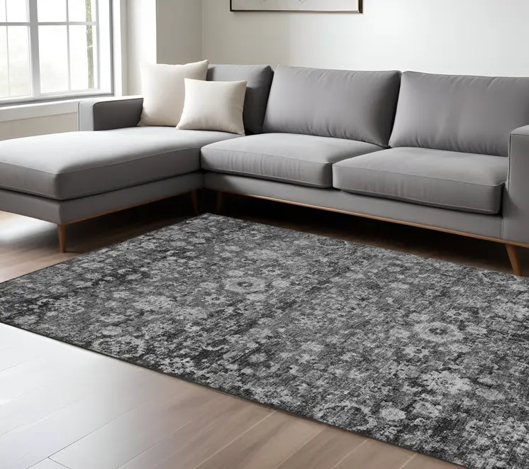 8' X 10' Gray Charcoal And Silver Oriental Washable Indoor Outdoor Area Rug
