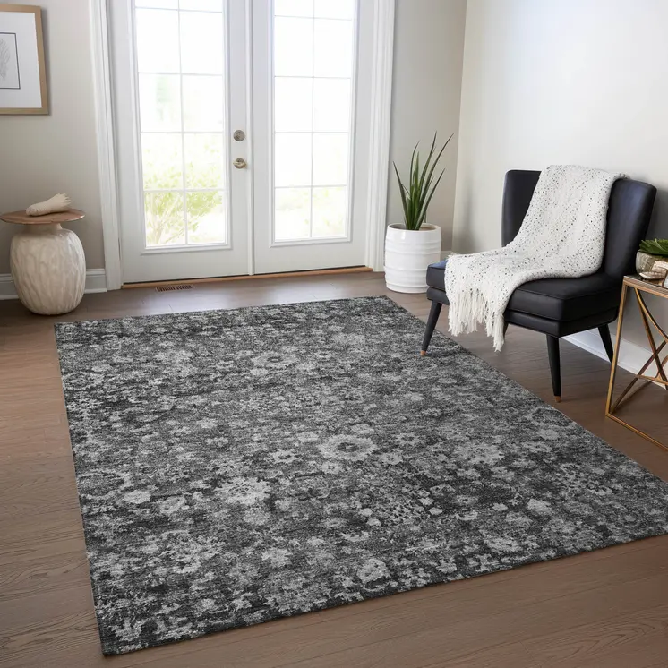 8' X 10' Gray Charcoal And Silver Oriental Washable Indoor Outdoor Area Rug