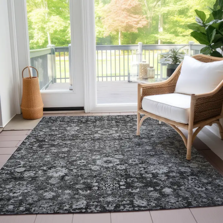9' X 12' Gray Charcoal And Silver Oriental Washable Indoor Outdoor Area Rug