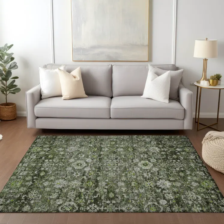 3' X 5' Green And Olive Green Oriental Washable Indoor Outdoor Area Rug