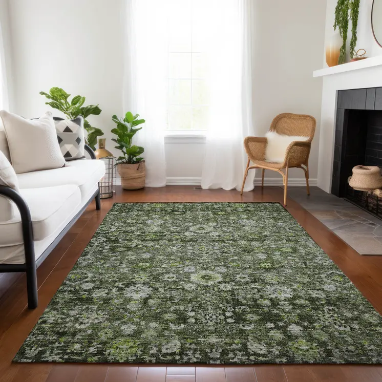 3' X 5' Green And Olive Green Oriental Washable Indoor Outdoor Area Rug