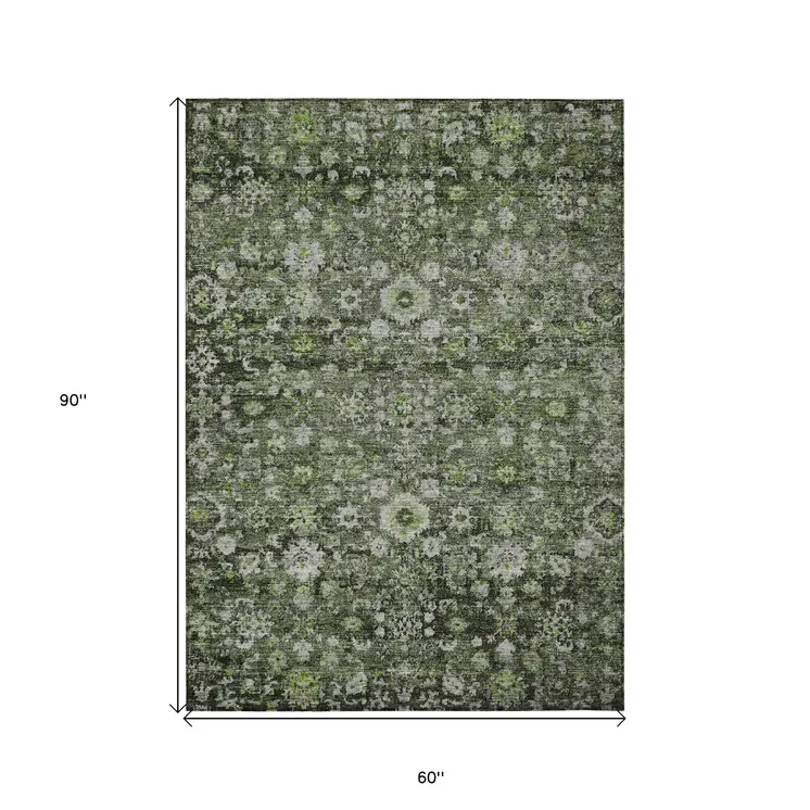 5' X 8' Green And Olive Green Oriental Washable Indoor Outdoor Area Rug