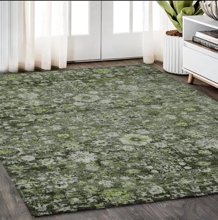 5' X 8' Green And Olive Green Oriental Washable Indoor Outdoor Area Rug