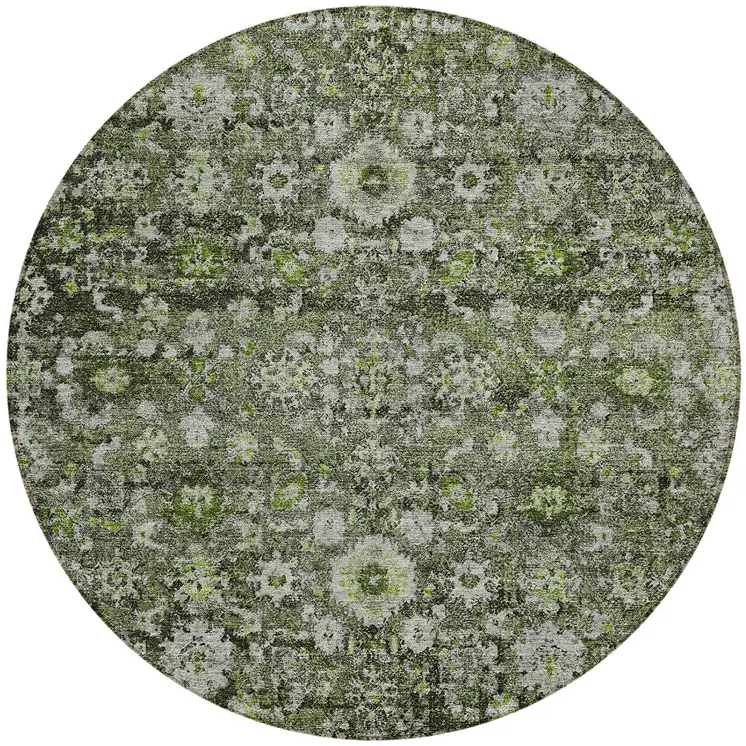 8' Green And Olive Green Round Oriental Washable Indoor Outdoor Area Rug