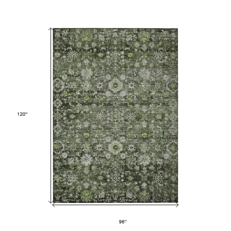 8' X 10' Green And Olive Green Oriental Washable Indoor Outdoor Area Rug